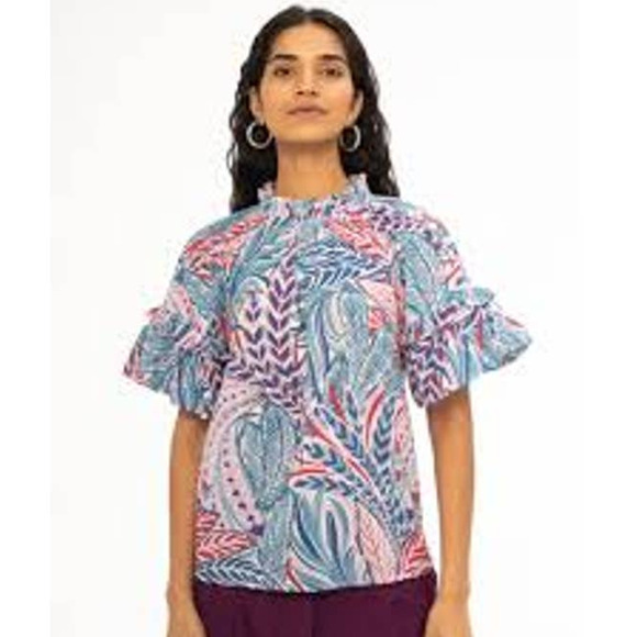Banjanan Short Sleeve Marie Cotton Top Feather Chili Blue Pink BFA23TC654 Small - Picture 2 of 7